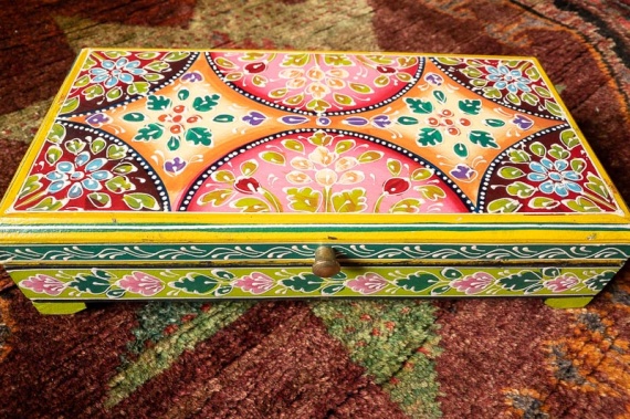 Hand Painted Indian Wooden Box Pink Lime